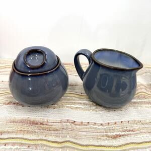 Sango Visions Eggplant Blue with Brown Rim Ceramic Creamer & Sugar Set